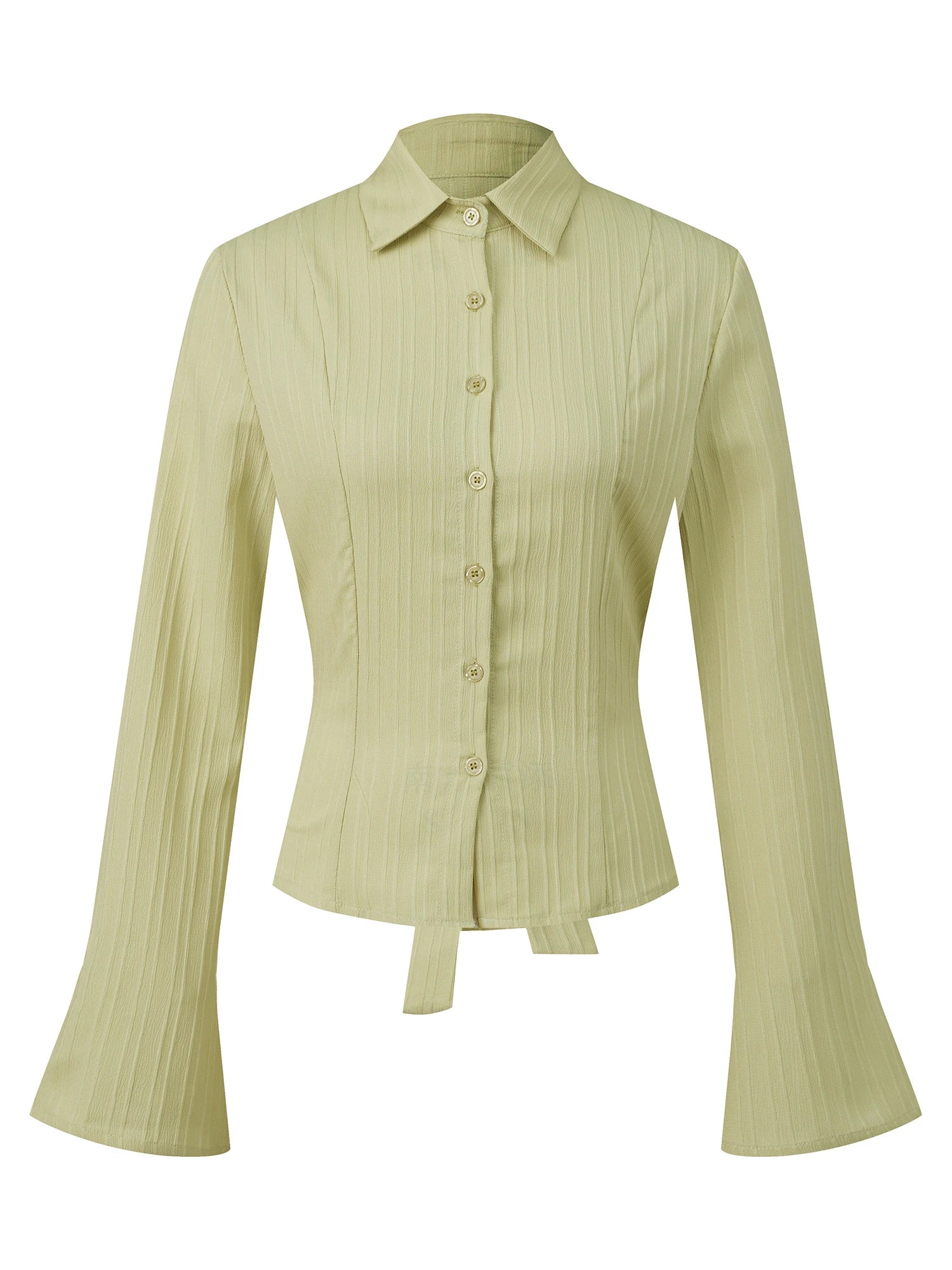 Cinched Waist Button Down Blouse With Back Tie Long Sleeve