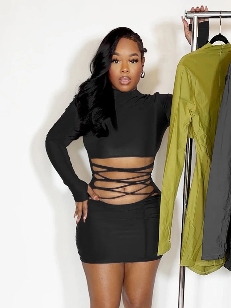 Hollow Out Bandage Mini Dress With High Collar And Long Sleeves