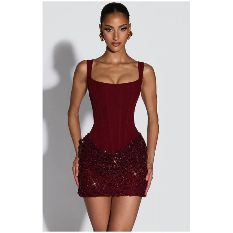 Sequin Patchwork Sling Mini Dress Off Shoulder Backless Waist Cinching Party Gown