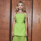 Emerald Green Satin Spaghetti Strap Party Dress With Hollow Out Panels And Bow Accent Details