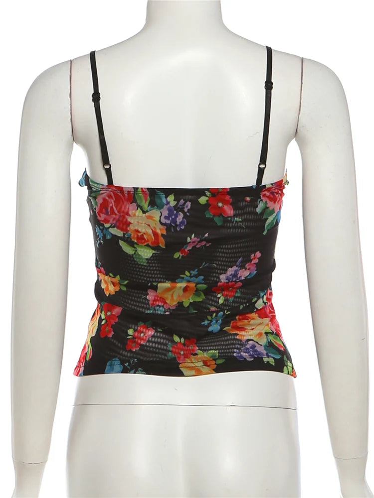 Midnight Floral Mesh Camisole With Patchwork