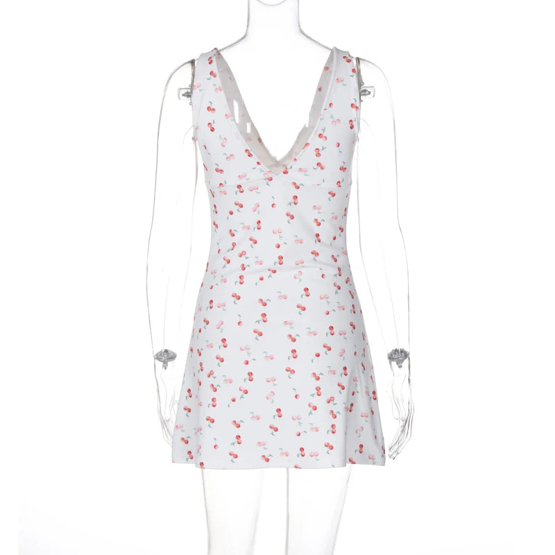 Cherry Print Straps Backless Draped Mini Dress
