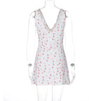 Cherry Print Straps Backless Draped Mini Dress