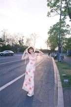 Rose Print Reverie Backless Fishtail Midi Dress With Tiered Ruffles And V Neck