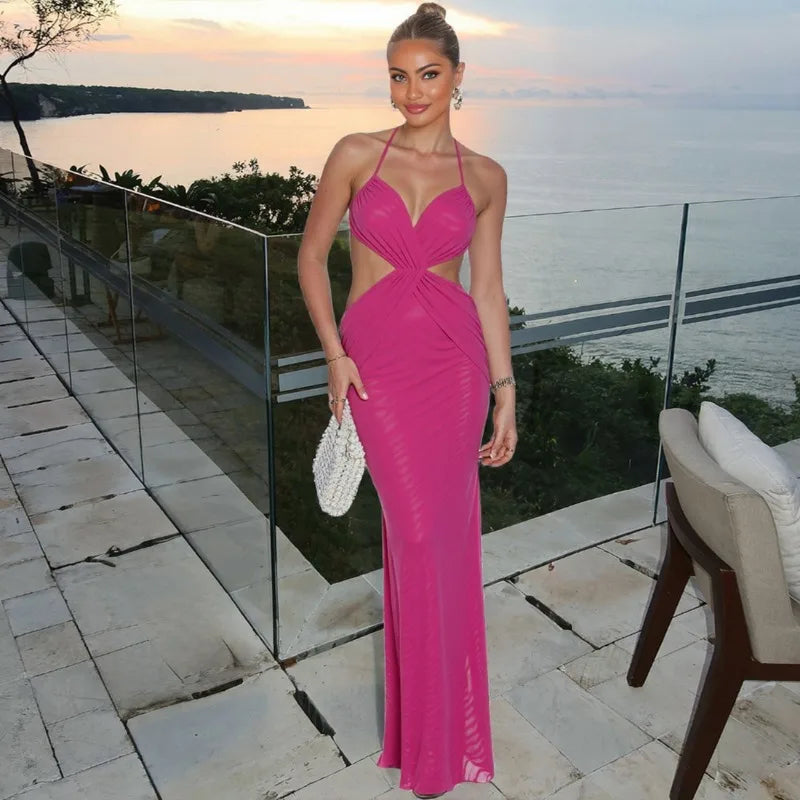 Coquette Sleeveless Ruched Cross Backless Bodycon Dress With V Neck And Ruffles