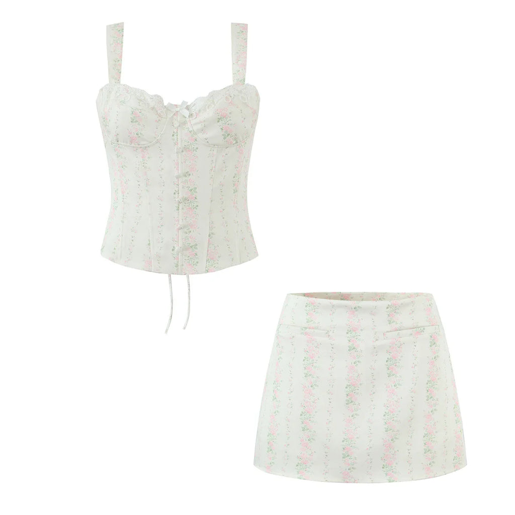 Vintage Sweet Floral Print Mini Dress Set Strapless Crop Top Bodycon Skirts Outfit
