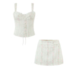 Vintage Sweet Floral Print Mini Dress Set Strapless Crop Top Bodycon Skirts Outfit