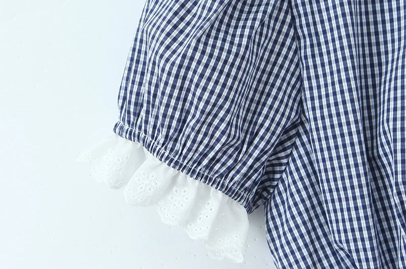 Vintage Lapel Collar Puff Sleeve Lace Patchwork Sweet Plaid Single Breasted Blouse