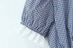 Vintage Lapel Collar Puff Sleeve Lace Patchwork Sweet Plaid Single Breasted Blouse