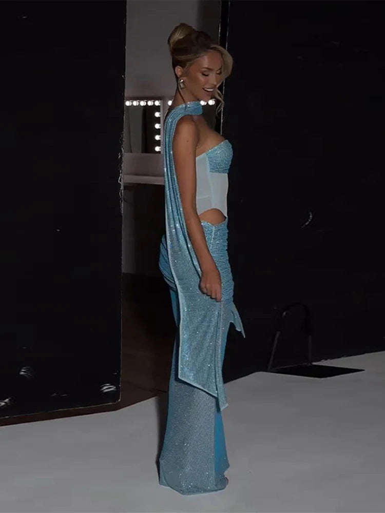 Sequins Off Shoulder Dress With Cinched Waist Sheer Ribbon Pleated Long Sleeves Glam