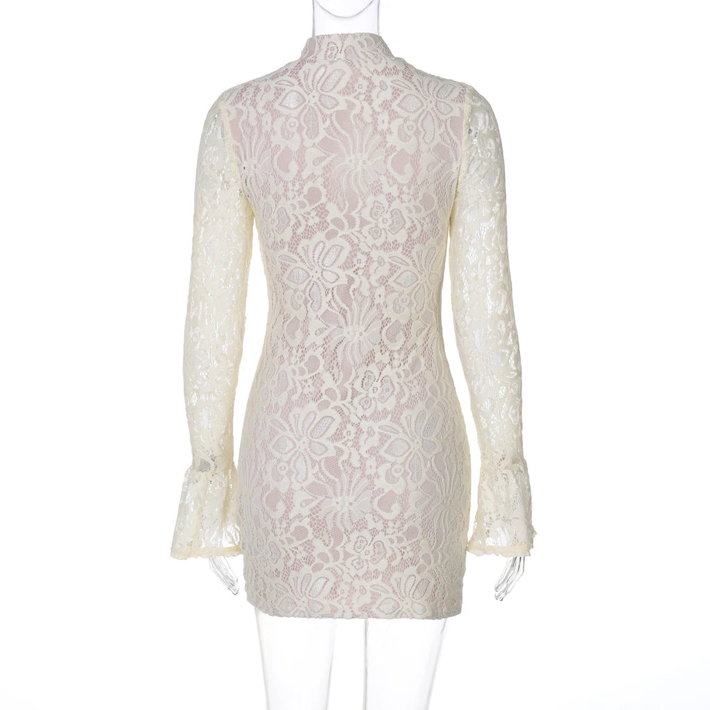 Lace Patchwork Hollow Out Mini Dress With Turtleneck And Long Flare Sleeves