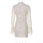 Lace Patchwork Hollow Out Mini Dress With Turtleneck And Long Flare Sleeves