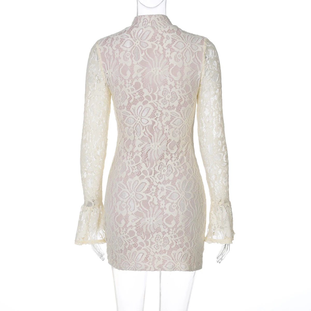Lace Patchwork Hollow Out Mini Dress With Turtleneck And Long Flare Sleeves