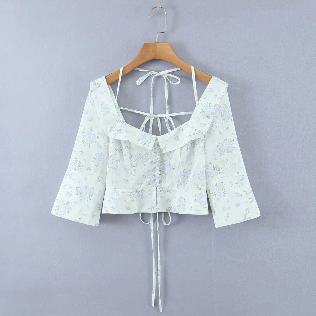 Floral Corset Style Crop Top With Cross Lacing And Ruffle Square Collar Three Quarter Sleeve