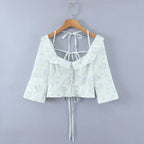 Floral Corset Style Crop Top With Cross Lacing And Ruffle Square Collar Three Quarter Sleeve
