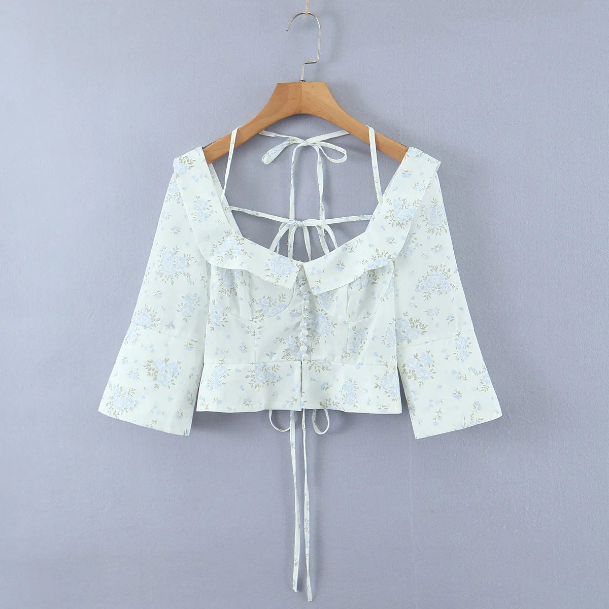 Floral Corset Style Crop Top With Cross Lacing And Ruffle Square Collar Three Quarter Sleeve