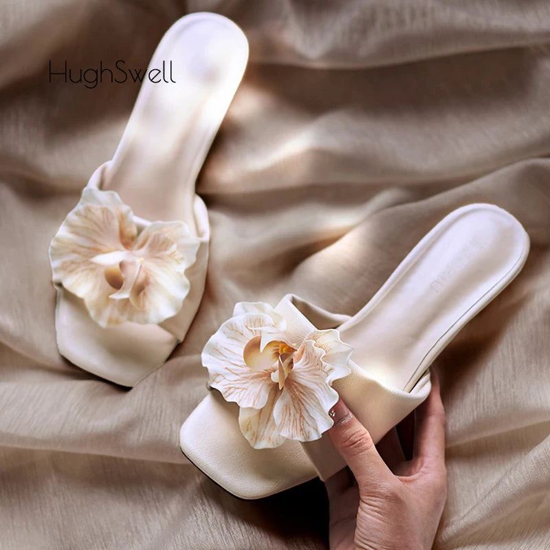 Romantic Nude Floral Butterfly Orchid Mule With Low Kitten Heel And Square Toe Elegant Evening Footwear
