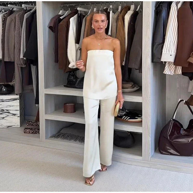 Chic Two Piece Set With Backless Tube Top And Wide Leg Pants