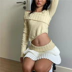 Knit Color Block Mini Skirt High Waisted Pleated