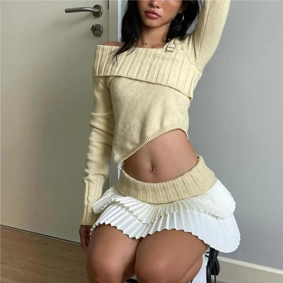 Knit Color Block Mini Skirt High Waisted Pleated