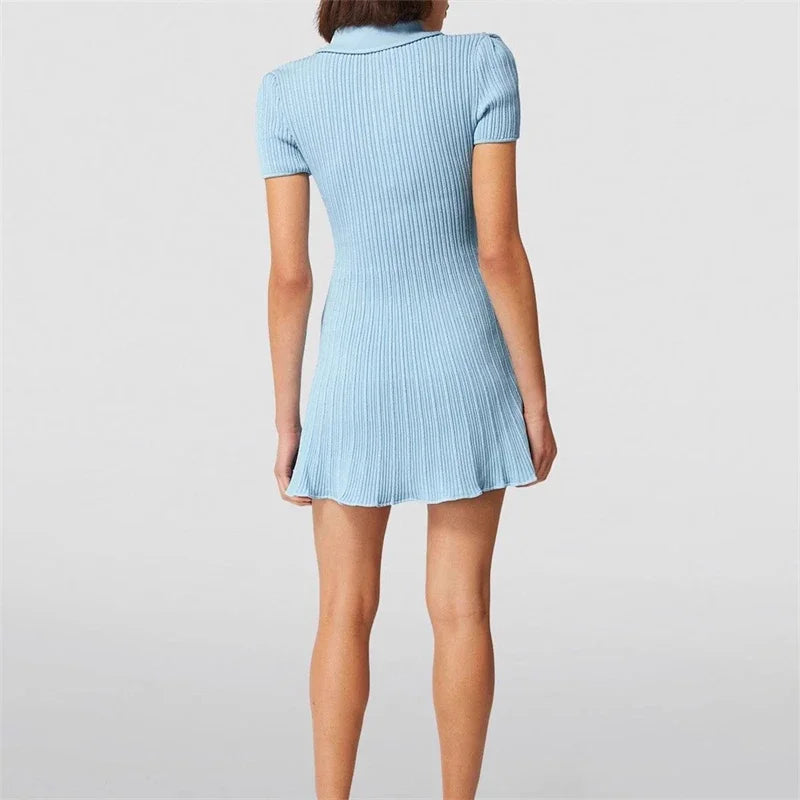 Polo Neck Knit Dress With Elastic Slim Fit And Multi Pocket Wrapped Hip Skirt
