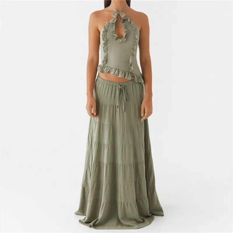 Two- piece Set With Ruched Maxi Skirt and Spaghetti Strap Halter Crop Top