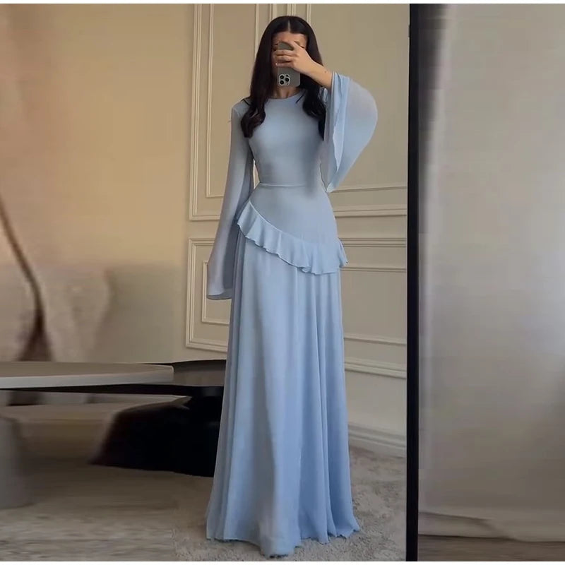 Flare Sleeve Maxi Dress With Ruffle Detail O Neck High Waist Pleated