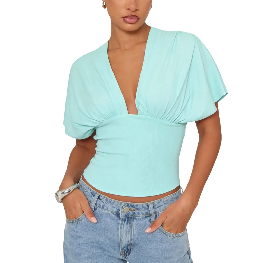 Womens Y2K Ruched Off The Shoulder Wrap Top With Cinched Waist Tie Back Halter