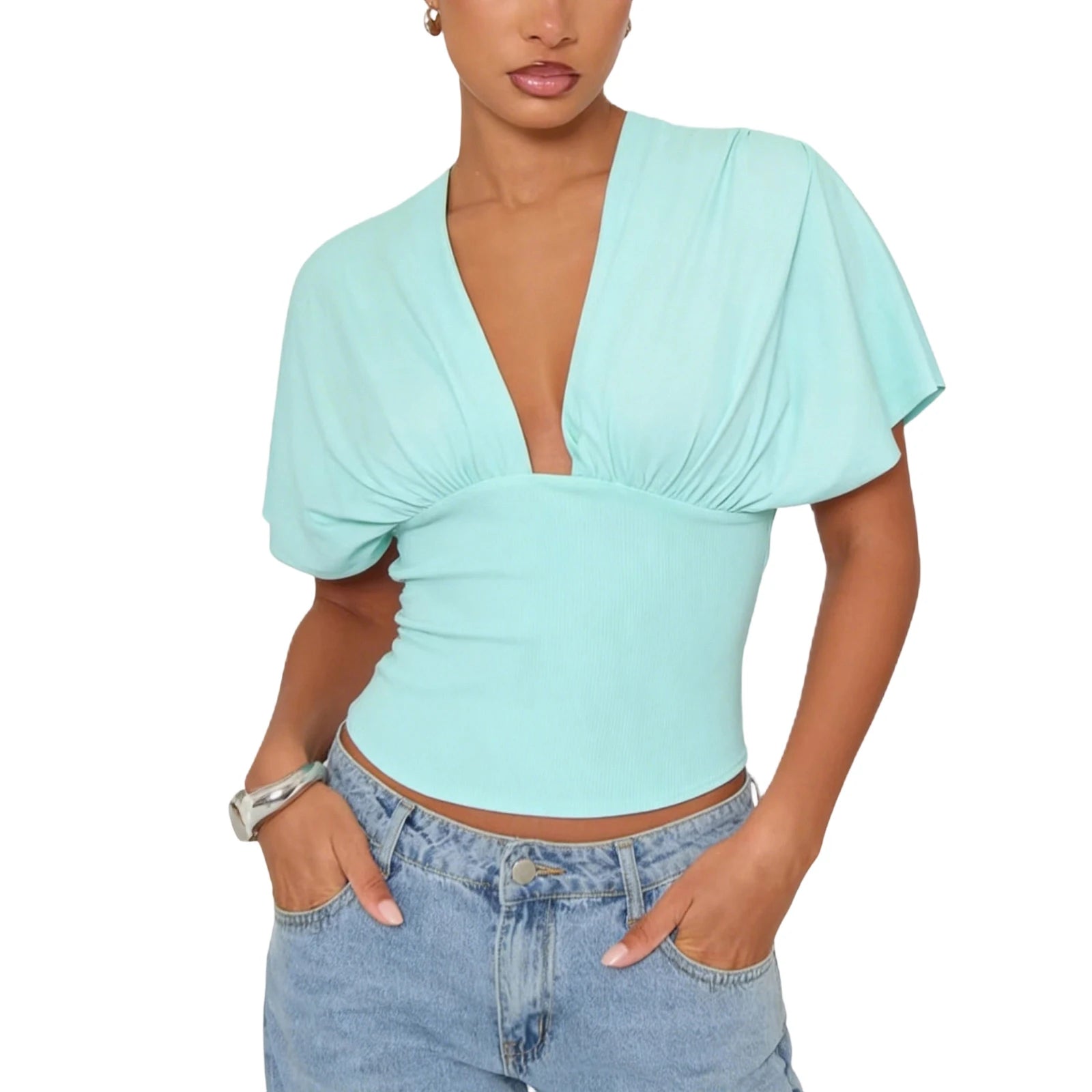 Womens Y2K Ruched Off The Shoulder Wrap Top With Cinched Waist Tie Back Halter