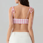 Sweet Open Back Camisole With Shirred Tie Up Spaghetti Straps Lace Trim And Square Neck