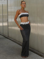 Black Lace Patchwork Two Piece Set With Backless Tube Top And Polka Dot Skirt