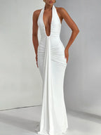 Deep V-Neck Backless Ruched Maxi Dress Halter Gown