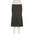 Black Polka Dot Print Midi Skirt With Low Waist Lightweight Knit