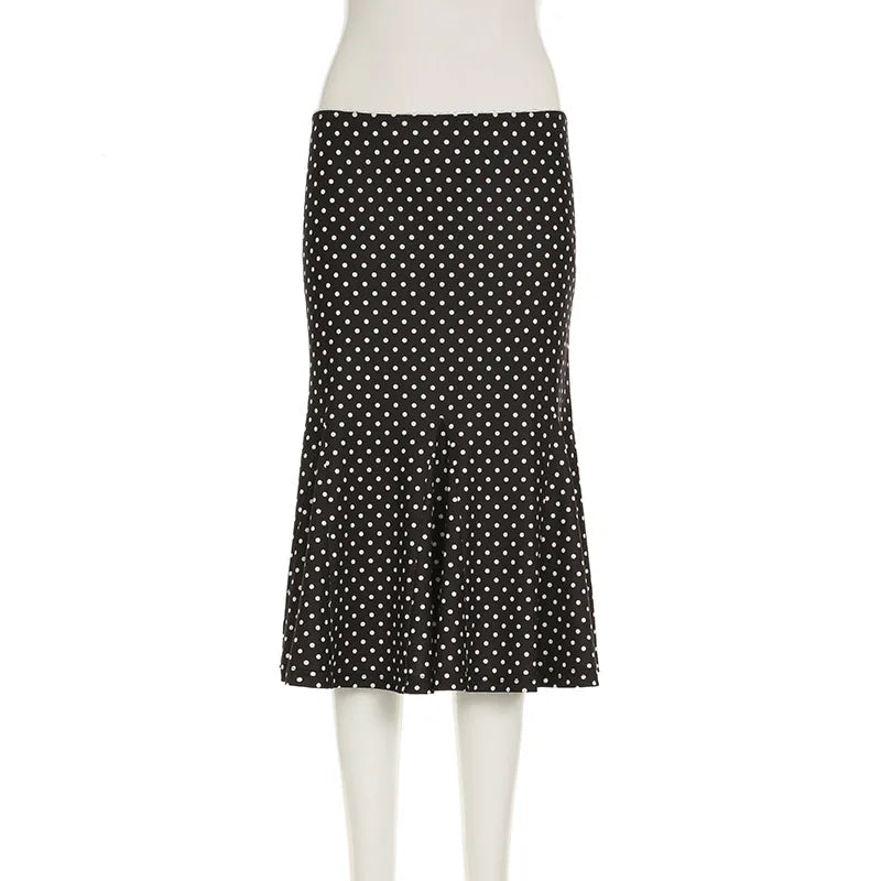 Black Polka Dot Print Midi Skirt With Low Waist Lightweight Knit