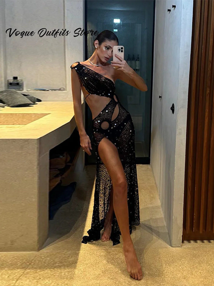 Sexy Sequin Hollow Out Knit Maxi Dress With One Shoulder Front Split Gown