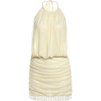 Patchwork Mesh Mini Dress With Lace-Up Halter Backless Tassel Detail