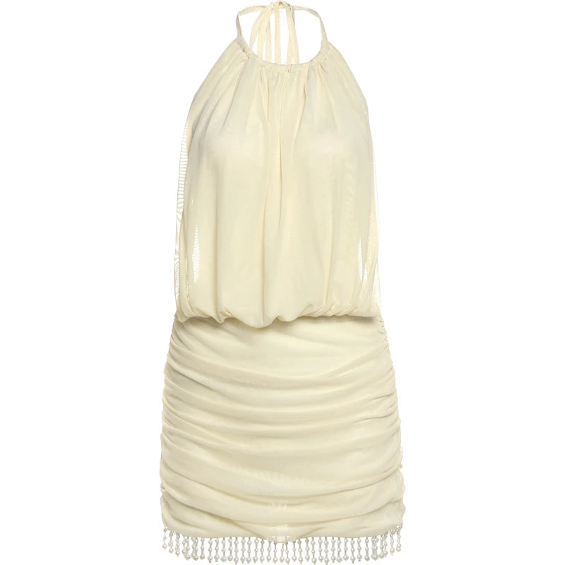 Patchwork Mesh Mini Dress With Lace-Up Halter Backless Tassel Detail
