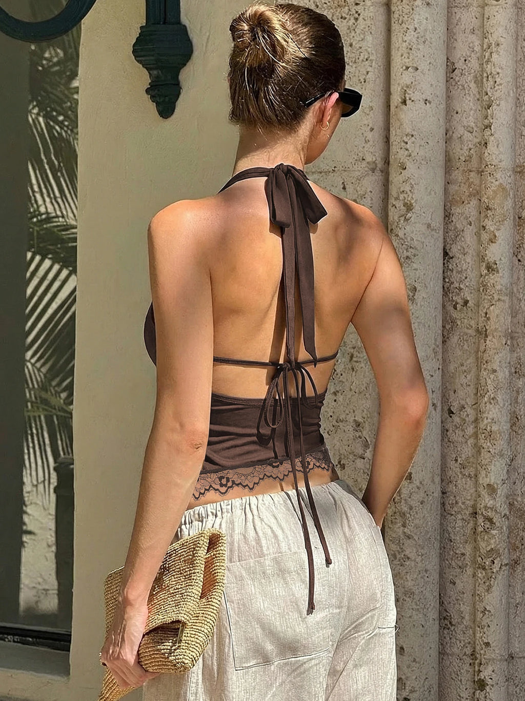 Backless Halter Knit Tank With Lace Up Details And Swing Collar