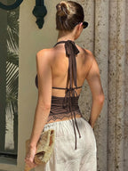 Backless Halter Knit Tank With Lace Up Details And Swing Collar
