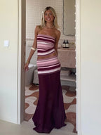 Striped Knit Two Piece Set With Mesh Patchwork Long Skirt