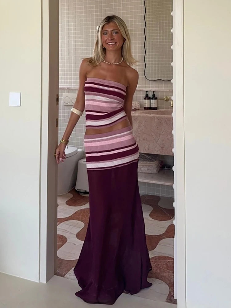 Striped Knit Two Piece Set With Mesh Patchwork Long Skirt