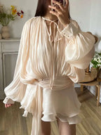 Lace Up V Neck Mini Dress For Women Long Sleeve