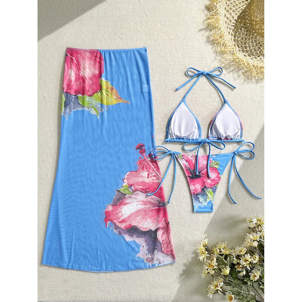 Flowers Printed With Skirt Halter Bikini Three-pieces Bikini set