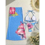 Flowers Printed With Skirt Halter Bikini Three-pieces Bikini set