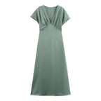 Elegant l Solid Satin Midi Dress With V Neck And Short Sleeves