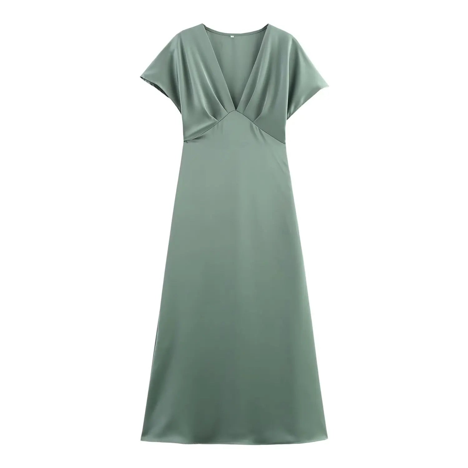 Elegant l Solid Satin Midi Dress With V Neck And Short Sleeves