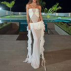 Ruffled Hollow Strapless Long Gown With Pleated Stitching Dress