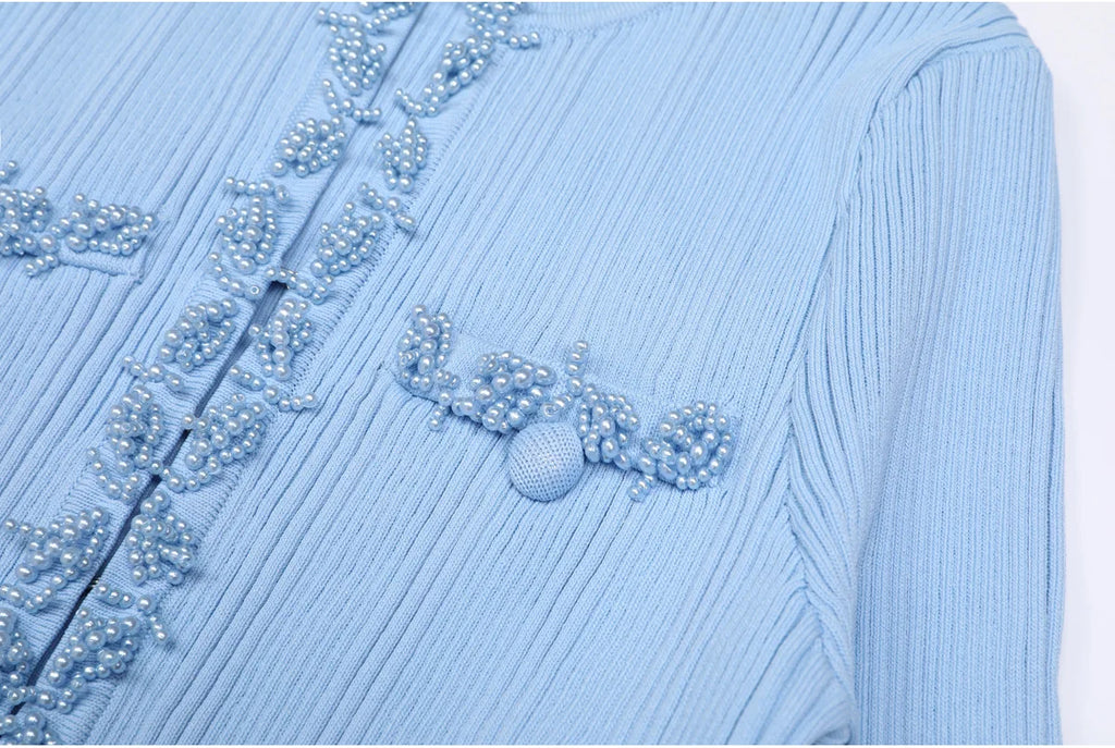 Pearl Beaded Knit Dress With Flare Sleeves And V Neck