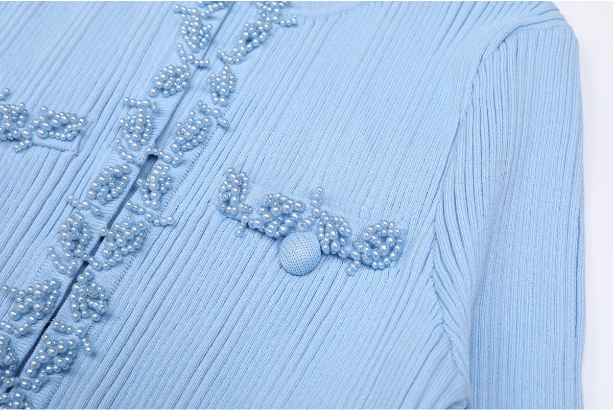 Pearl Beaded Knit Dress With Flare Sleeves And V Neck