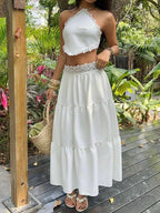 Boho Two Piece Lace Trim Cami Top And Tiered Maxi Skirt Set